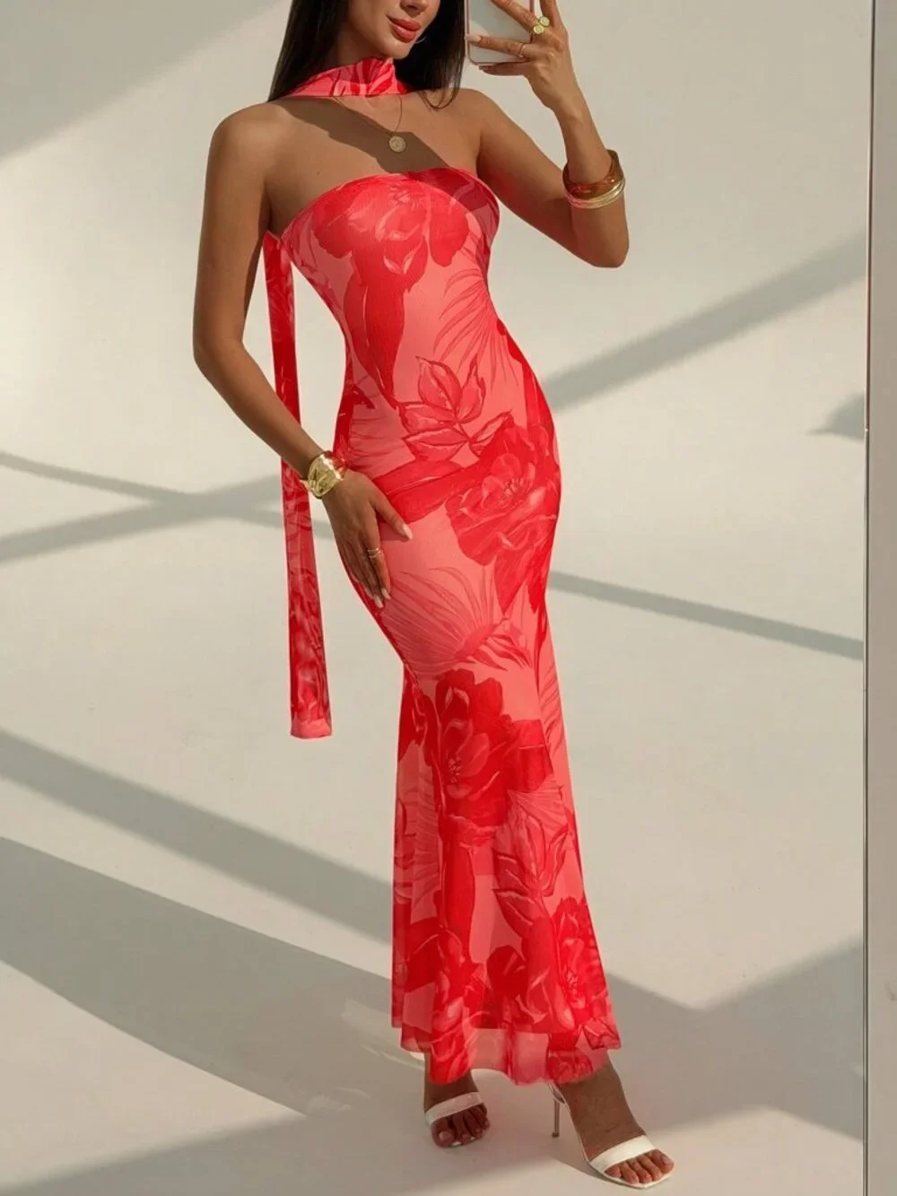 Red Elegant Women's Casual Printed Maxi Dress - Picture 4 of 8